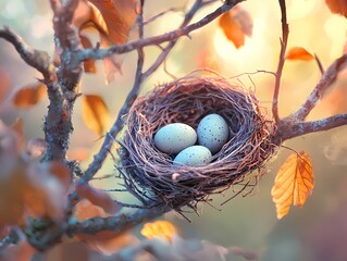 A close-up view of a serene bird's nest filled with vibrant eggs and soft materials in cal