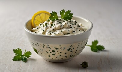 Wall Mural - bowl with tartar sauce made with mayonnaise, capers, lemon juice, and parsley, isolated on a white background