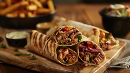 Canvas Print - Grilled wraps filled with juicy beef, vibrant bell peppers, and red onions, served with a side of creamy dip on a rustic wooden board.