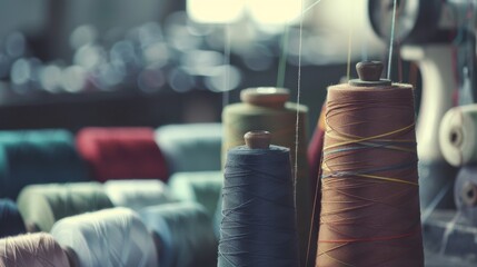 Spools of colorful thread stand tall against a blurred background of a busy sewing room, showcasing artisanal craftsmanship.