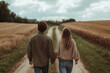 © Dzmitry - A young couple strolls hand in hand down a serene farm road surrounded by golden fields under a cloudy sky
