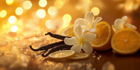 Close-up of vanilla beans, citrus fruits, and white flowers on a wooden surface with a blurred background of golden lights.