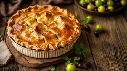 A rustic kitchen scene with a freshly baked gooseberry pie, golden and bubbling, set on a wooden table with a scattering of fresh gooseberries around