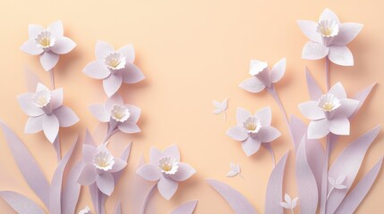 Wall Mural - A serene arrangement of paper flowers in soft pastel colors against a light background.