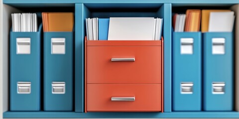 Poster - The concept of a document storage system with blue and white card files, metal file cabinets with open digital documents in the background, 