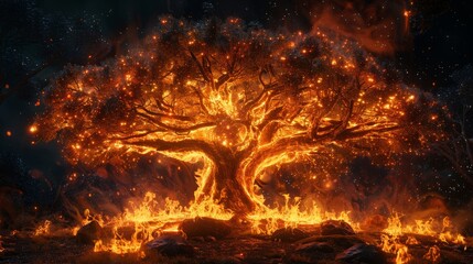 Poster - A mystical tree engulfed in flames at night, glowing with fire and surrounded by dark smoke