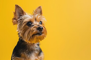 Wall Mural - Portrait of Yorkshire Terrier on yellow background.