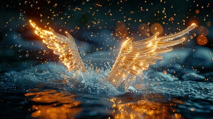 Poster - Glowing golden wings emerge from water at night with sparkling droplets surrounding them
