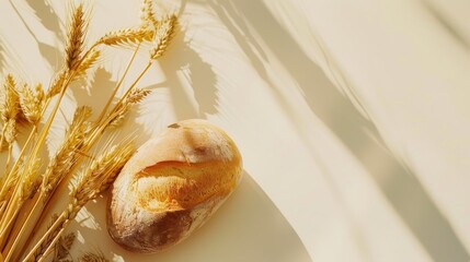 Golden wheat stalks and a freshly baked loaf of bread bathed in warm sunlight, casting serene shadows on a light backdrop.