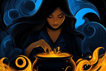 Poster - A witch practicing divination with a cauldron