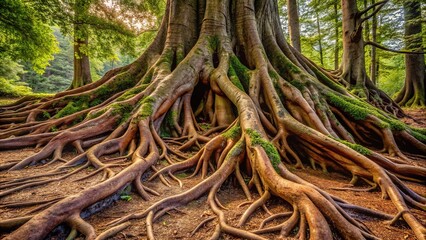 Magnified view of ancient tree roots spreading outward from a massive trunk, showcasing intricate textures and patterns in earthy brown and gray tones.