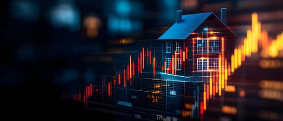 A digital representation of a house with financial graphs, symbolizing real estate market trends and investment opportunities.