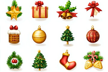 Merry Christmas 3D icon set with Christmas items balls, stars, socks, isolated on white background