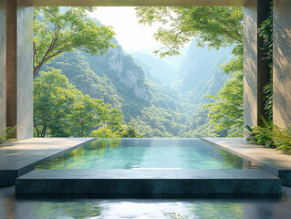 3D rendering of a luxurious round infinity pool with a stone border, situated in a serene natural setting surrounded by green trees and majestic mountains.