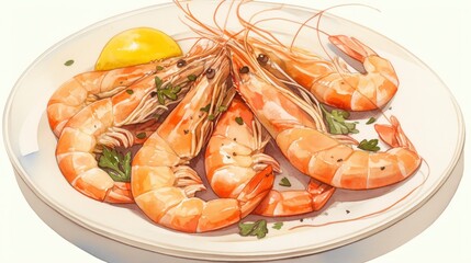 Wall Mural - Close up of 4 cooked prawns with a lemon wedge on a white plate.