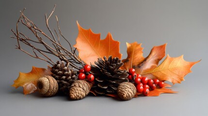 Poster - An elegant display of autumn leaves, pine cones, and red berries arranged artfully against a neutral gray backdrop.