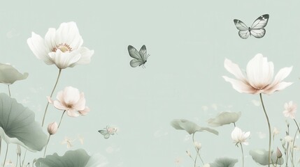 Wall Mural - A serene illustration featuring lotus flowers and butterflies on a soft pastel background.