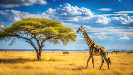 majestic giraffe roams freely in etosha national park's golden savannah, with acacia trees and vast 