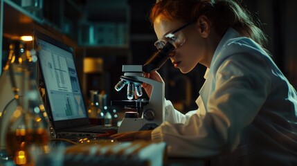 Poster - Close-up of a scientist studying a microscopic sample, possibly in a laboratory setting