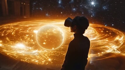 Poster - A person engages in virtual reality, captivated by a swirling galaxy and bright celestial objects around them.