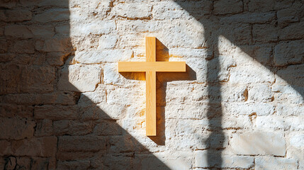 a rustic wooden cross hanging on an aged stone wall inside a church