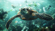 © sornram - A sea turtle swims through a polluted ocean filled with plastic waste, highlighting the environmental crisis facing marine life.