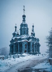 A huge orthodox church in a blizzard made of ice