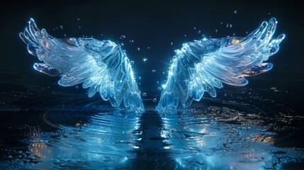 Poster - Ethereal glowing wings emerging from water at night with shimmering reflections