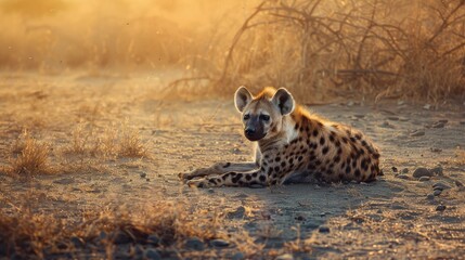 a spotted hyena rests peacefully on a dusty ground, bathed in the soft, golden light of a late after