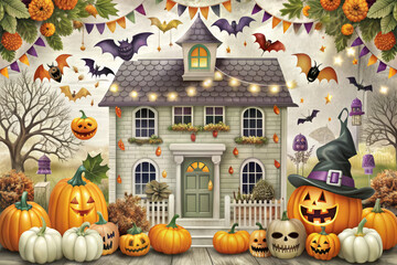 Wall Mural - Charming Halloween House with Jack-O-Lantern Decor - A charming Halloween house decorated with jack-o-lanterns, bats, and festive lights.  The scene evokes a sense of playful spookiness, perfect for t