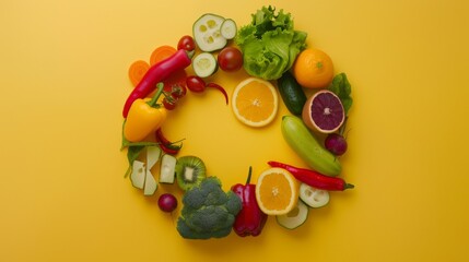 Wall Mural - An artful wreath of various fresh vegetables and fruits against a yellow backdrop, showcasing the vibrant colors and healthy choices of produce.