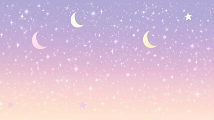 Wall Mural - A serene night sky filled with stars and crescent moons in soft pastel colors.