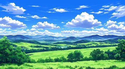 Wall Mural - Green Meadow with Blue Sky and White Clouds Illustration