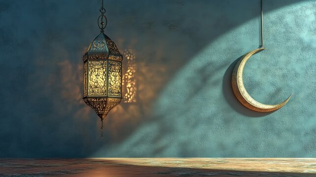 A 3D-rendered Islamic lantern and crescent moon hanging elegantly against an empty wall, with soft lighting casting subtle shadows
