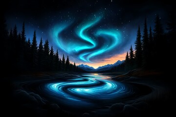Poster - An artistic interpretation of the Northern Lights as a flowing river of light, weaving through a serene Arctic landscape