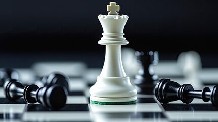 Wall Mural - A close-up of a white chess king on a chessboard, with black pawns lying down around it, representing leadership and success