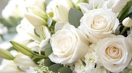 A close-up of an elegant floral arrangement featuring white roses and lilies, with delicate green leaves accentuating the soft blooms.