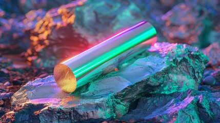 Poster - Shiny metallic cylinder resting on colorful rocks in an illuminated landscape