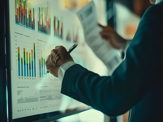 Poster - A businessman in a suit reviews and analyzes financial charts on a digital screen, highlighting modern business analytics and data-driven decision-making.