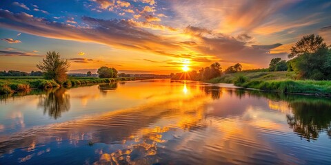 Wall Mural - sunset casting a warm glow over a peaceful river, sunset, river, water, reflection, tranquility, ser