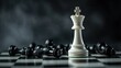 © savittree - A dramatic close-up of a white chess king standing tall among fallen black pawns on a chessboard, symbolizing victory and dominance