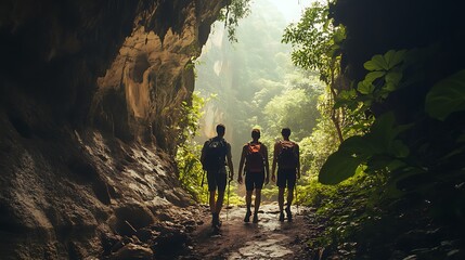 Three Hikers Emerging From a Cave Into a Lush Jungle