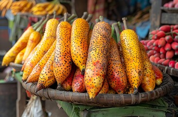 a basket of orange and black fruits
