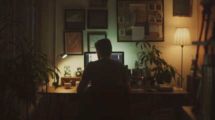 A person works late into the night, illuminated by the glow of a computer screen, surrounded by plants and framed pictures in a cozy, dimly lit room.