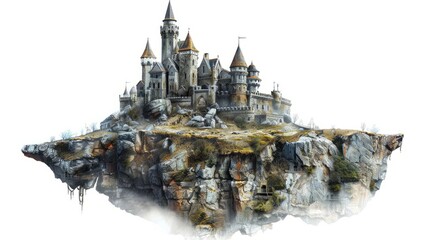 A majestic floating castle atop a rugged cliff in a fantastical landscape