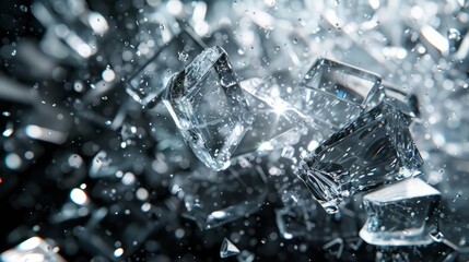 Poster - Shattered ice cubes creating dynamic splashes against a dark background