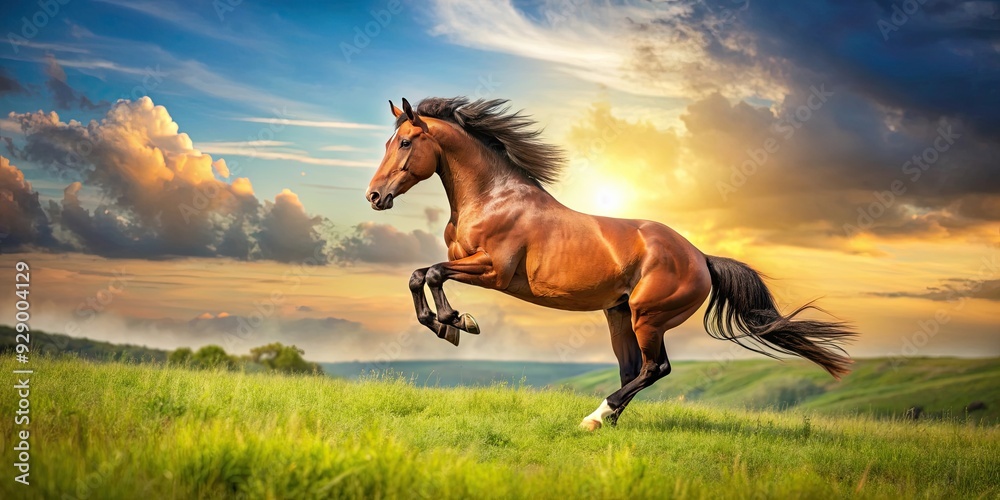 Beautiful brown horse bucking on a sunny meadow, horse, brown, bucking, sunny, meadow, grass, nature, outdoors, wild