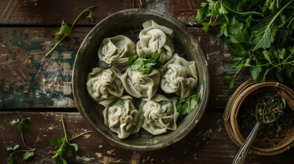 Poster - A vibrant display of vegetables and plump dumplings side by side, showcasing the harmonious blend of fresh ingredients and culinary delight.