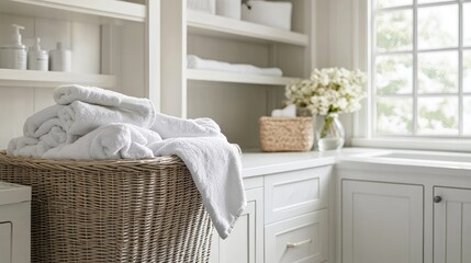 Wall Mural - A neatly filled hamper with freshly laundered clothes, placed in the corner of a bright, tidy laundry room with clean lines and organized shelves.