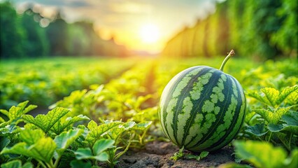 Watermelon growing on a lush green plantation in the summer, Watermelon, plantation, agriculture, field, green, summer, growth, fresh